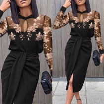 Sexy See-through Gauze Spliced Long Sleeve Twisted Slim Fit Dress