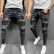 Fashion Middle Waist Faded Ripped Man's Jeans