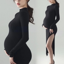 Sexy Slit Hem Long Sleeve Mock Neck Solid Color Black Maternity Dress