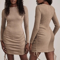 Fashion Solid Color Long Sleeve Round Neck Side-drawstring Slim Fit Knit Dress