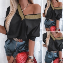 Fashion Rhinestone V-neck Long Sleeve Solid Color T-shirt