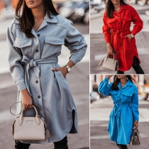 Fashion Solid Color POLO Collar Arc Hem Single-breasted Windbreaker Coat with Waist Strap