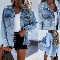 Casual Style Long Sleeve POLO Collar Single-breasted Ripped Denim Coat