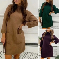 Fashion Solid Color Long Sleeve Mock Neck Front-pocket Dress