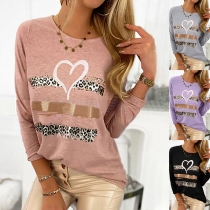 Casual Style Leopard Heart Pattern Long Sleeve Round Neck Loose T-shirt