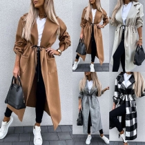 Fashion Long Sleeve Lapel Drawstring Waist Long-style Woolen Coat