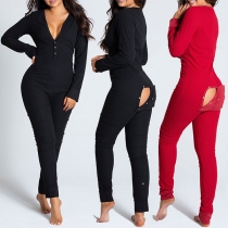 Sexy V-neck Solid Color Butt Flap Slim Fit Home-wear Jumpsuit One-piece Pajama