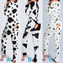 Sexy V-neck Butt Flap Slim Fit Printed Home-wear Jumpsuit One-piece Pajama