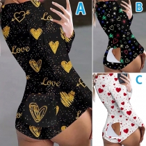 Sexy V-neck Butt Flap Slim Fit Printed Home-wear Romper One-piece Pajama