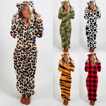Casual Style Leopard Printed Long Sleeve Hooded Loose Flannel Jumpsuit One-piece Pajama