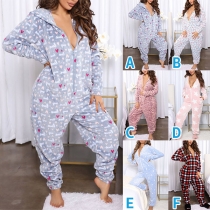Casual Style Printed Long Sleeve Hooded Loose Flannel Jumpsuit One-piece Pajama