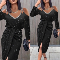 Sexy Off-shoulder V-neck Slit Hem Slim Fit Printed Twisted Dress