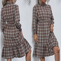 Sweet Style Ruffle Stand Collar Long Sleeve High Waist Plaid Dress