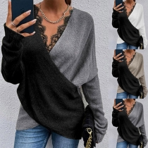 Sexy Lace Spliced V-neck Long Sleeve Contrast Color Loose Knit Top