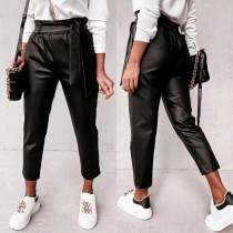 Fashion High Waist Slim Fit PU Leather Pants with Waist Strap