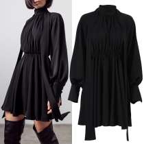 Fashion Solid Color Lantern Sleeve Stand Collar High Waist Chiffon Dress