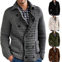 Fashion Solid Color Long Sleeve POLO Collar Double-breasted Man's Knit Coat