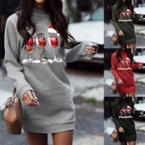 Casual Style Wine Glasses Pattern Long Sleeve Round Neck Sweatshirt Dress