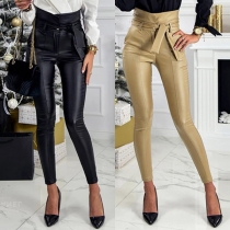 Fashion High Waist Slim Fit PU Leather Pants with Waist Strap