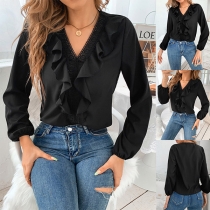 Sweet Style Ruffle V-neck Long Sleeve Solid Color Blouse