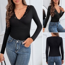 Sexy Lace Spliced V-neck Long Sleeve Solid Color Slim Fit Bottoming Top