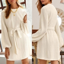 Fashion Solid Color Lantern Sleeve Round Neck Belt-tie Knit Dress