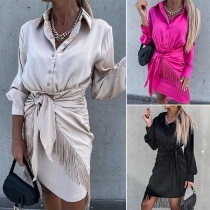 Chic Style Long Sleeve POLO COllar Knotted Tassel Dress
