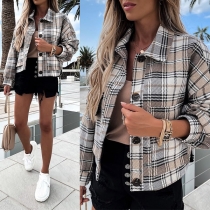Retro Style Long Sleeve POLO Collar Big Pocket Plaid Jacket