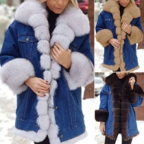 Fashion Faux Fur Spliced Long Sleeve Denim Coat