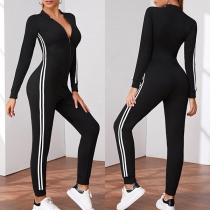 Casual Style Stripe Spliced Long Sleeve Slim Fit Front-zipper Sports Jumpsuit