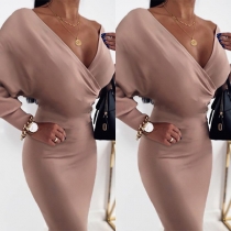 Sexy V-neck Dolman Sleeve Solid Color Slim Fit Dress