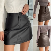 Simple Style High Waist Solid Color Slim Fit PU Leather A-line Skirt
