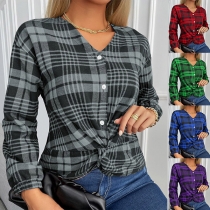 Fashion Long Sleeve V-neck Twisted Hem Single-breasted Plaid Top Blouse