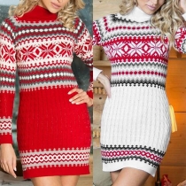 Fashion Long Sleeve Mock Neck Slim Fit Snowflake Pattern Christmas Sweater Dress