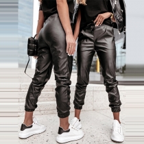 Fashion Solid Color Elastic Waist Slanted Pockets PU Leather Pants