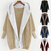 Fashion Contrast Color Long Sleeve Hooded Plush Cardigan Coat