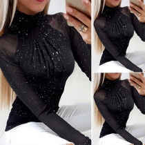 Sexy See-through Gauze Spliced Long Sleeve Mock Neck Shinning Bottoming Top