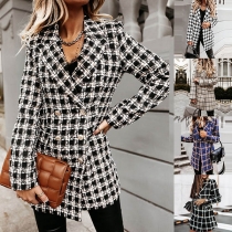 Fashion Long Sleeve Notched Lapel Plaid Woolen Coat