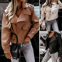 Fashion Solid Color Long Sleeve Lapel Buckle Hem Jacket Coat