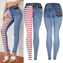 Fashion Middle Waist Slim Fit Striped Spliced Skinny Jeans