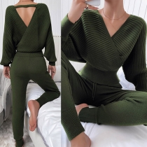 Sexy Backless Crossover V-neck Dolman Sleeve Knit Top + Pants Two-piece Set