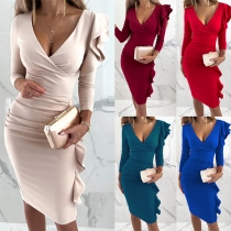 Sexy V-neck Long Sleeve Solid Color Slim Fit Ruffle Party Dress