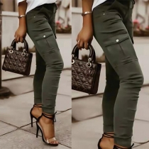 Casual Style Drawstring Waist Side-pocket Solid Color Pants