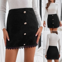 Fashion High Waist Front-button Lace Spliced Hem Slim Fit Skirt