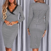 Sexy Lace Spliced V-neck Long Sleeve Slim Fit Houndstooth Dress