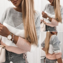 Fashion Contrast Color Long Sleeve Round Neck Hollow Out Knit Sweater