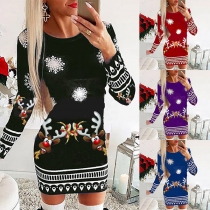 Fashion Long Sleeve Round Neck Slim Fit Christmas Printed Knit Dress