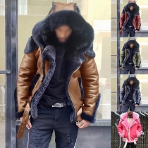Fashion Long Sleeve Hooded Plush Lining Man's PU Leather Coat