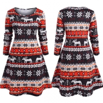 Fashion Long Sleeve Round Neck Christmas Printed Dress