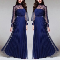 Sexy See-through Gauze Spliced Long Sleeve Stand Collar High Waist Party Dress
